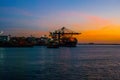 SALVADOR, BAHIA, BRAZIL: Beautiful Sunset view in the port. Ships, ferry and sea Royalty Free Stock Photo