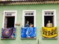 Close up of windows of a colonial building in Pelourinho, now a shop selling typical clothes and souvenirs from Bahia