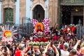 Crowd of Catholics saluting the image of Santa Barbara leaving the church Royalty Free Stock Photo