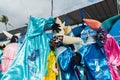 Salvador, Bahia, Brazil - February 11, 2023: Group of masked and costumed people parade in Fuzue, pre-carnival in Salvador, Bahia