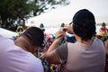 Catholic people are seen placing ribbons on the railing of Senhor do Bonfim church Royalty Free Stock Photo