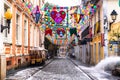 Flags and decorative banners seen ornamenting the streets of Pelourinho for the festivals of Sao Joao Royalty Free Stock Photo