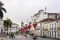 Flags and decorative banners seen ornamenting the streets of Pelourinho for the festivals of Sao Joao Royalty Free Stock Photo