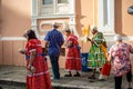 Group of elderly people are seen walking in the streets of Pelourinho dressed in clothes from the feast of Sao Joao