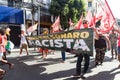 Brazilians protest with banners and posters with words against the government of President Jair Bolsonaro