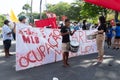 Brazilians protest with banners and posters with words against the government of President Jair Bolsonaro