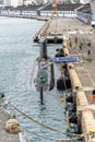 View of the Riachuelo S40 submarine, from the Brazilian Navy, anchored for public visitation in the seaport of the city of