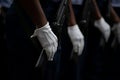 Detail of gloved hands of air force soldiers are seen during the Brazilian independence parade in the city of Salvador, Bahia.