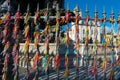 View of hundreds of souvenir ribbons tied to an iron railing in Largo Terreiro de Jesus, Pelourinho, historic center of the city