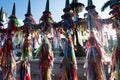 View of hundreds of souvenir ribbons tied to an iron railing in Largo Terreiro de Jesus, Pelourinho, historic center of the city