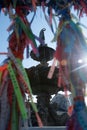 View between the ribbons of the water fountain in Largo Terreiro de Jesus in Pelourinho, historic center of the city of Salvador,