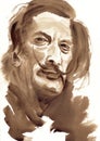 Salvador Dali, spanish famous artist. Hand made beautiful portrait art painting with coffee on paper texture. Coffeedrawn