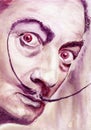 Salvador Dali, spanish famous artist. Hand made beautiful portrait art painting with red dry wine and watercolor on paper texture Royalty Free Stock Photo