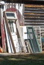 Assortment of salvage doors and windows Royalty Free Stock Photo
