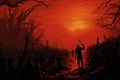Salvagepunk skeleton inferno detailed crowd in high tone palette poster illustration