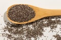 Chia Seed. Healthy grains on a wooden spoon. White background.
