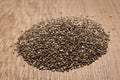 Chia Seed. Pile of grains on the wooden table. Selective focus.