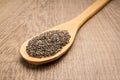 Chia Seed. Spoon and grains over wooden table.