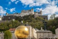 View of castle Hohensalzburg and monument to Paul Fuerst, Sphere, Salzburg, Austria Royalty Free Stock Photo