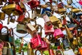 Close up of padlocks on Markartsteg wire bridge in Salzburg, Austria. Love and romance concept Royalty Free Stock Photo