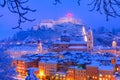 Salzburg, Austria: Heavy snow on the historic city of Salzburg with famous Festung Hohensalzburg and Salzach river in winter Royalty Free Stock Photo