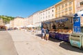 Market stall with pretzels brezen on the market at University  square Universitatsplatz, Salzburg, Austria Royalty Free Stock Photo