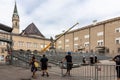 A theater stage at Domplatz Cathedral Square preparation for Salzburg Festival Salzburger Festspiele