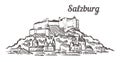 Salzburg Fortress sketch. Salzburg hand drawn illustration. Painted artistic landscape