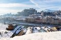 Salzburg old city at christmas time, snowy with sunshine, Austria