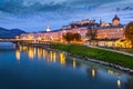 Salzburg night scenic view to the Salzach river in Salzburg