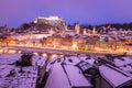 Salzburg old city and rooftops at christmas time, snowy in the evening, Austria
