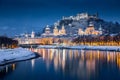 Salzburg old town at twilight in winter, Austria Royalty Free Stock Photo