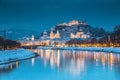 Salzburg old town at twilight in winter, Austria Royalty Free Stock Photo