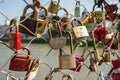 Salzburg, padlocks of love on a bridge, the Makartsteg, honey moon people love it in summer Royalty Free Stock Photo