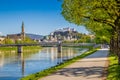 Salzburg skyline with Festung Hohensalzburg and Salzach river in summer