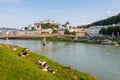 Salzburg skyline with Hohensalzburg Fortress and Salzach river in summer, Austria