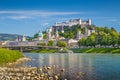 Salzburg skyline with river Salzach in spring, Austria