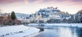 Salzburg skyline with river Salzach in winter, Salzburger Land, Austria