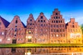 Salzspeicher (salt storehouses) of Lubeck at night, Germany. His Royalty Free Stock Photo