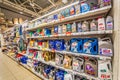 Samara, August, 2018: Automotive motor oils, automotive chemicals and auto parts on the supermarket shelves