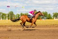 Samara, August 2018: A girl on horseback participates in horse racing