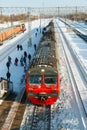 Samara, Chapaevsk, Russia-February, 20, 2018: the suburban Railway station is located on the main line in winter, the train has