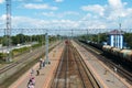 Samara Chapaevsk, Russia-July. 26. 2020: passenger cargo transportation, platform with passenger trains, people waiting for their