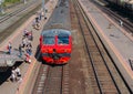 Samara Chapaevsk, Russia-July. 26. 2020: passenger cargo transportation, platform with passenger trains, people waiting for their