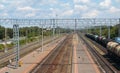 Samara Chapaevsk, Russia-July. 26.2020: view of railway tracks, train platform, railway power supply