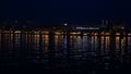 Samara city, Russia. May 2, 2021. Night view panorama view from Volga River on Ladja boat monument and beautiful