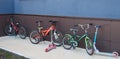 Samara, Russia - April, 2019: Parking of children`s bicycles at the entrance of the kindergarten in the southern city