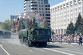 SAMARA, Russia - May 9, 2019: at the military parade in honor of the anniversary of victory in World War II. 9K720 Iskander