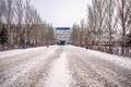 Samara, Russia, Samara University and Lomonosov monument near it, in winter