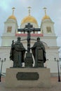 Monument to the holy Equal-to-the-Apostles brothers Methodius and Cyril on the background of the Cyril and Methodius Cathedral.